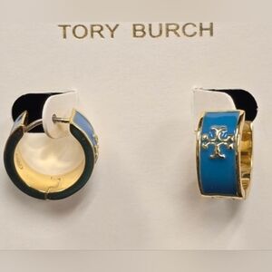 Tory Burch Blue and Gold Huggie Hoop Earrings - NEW